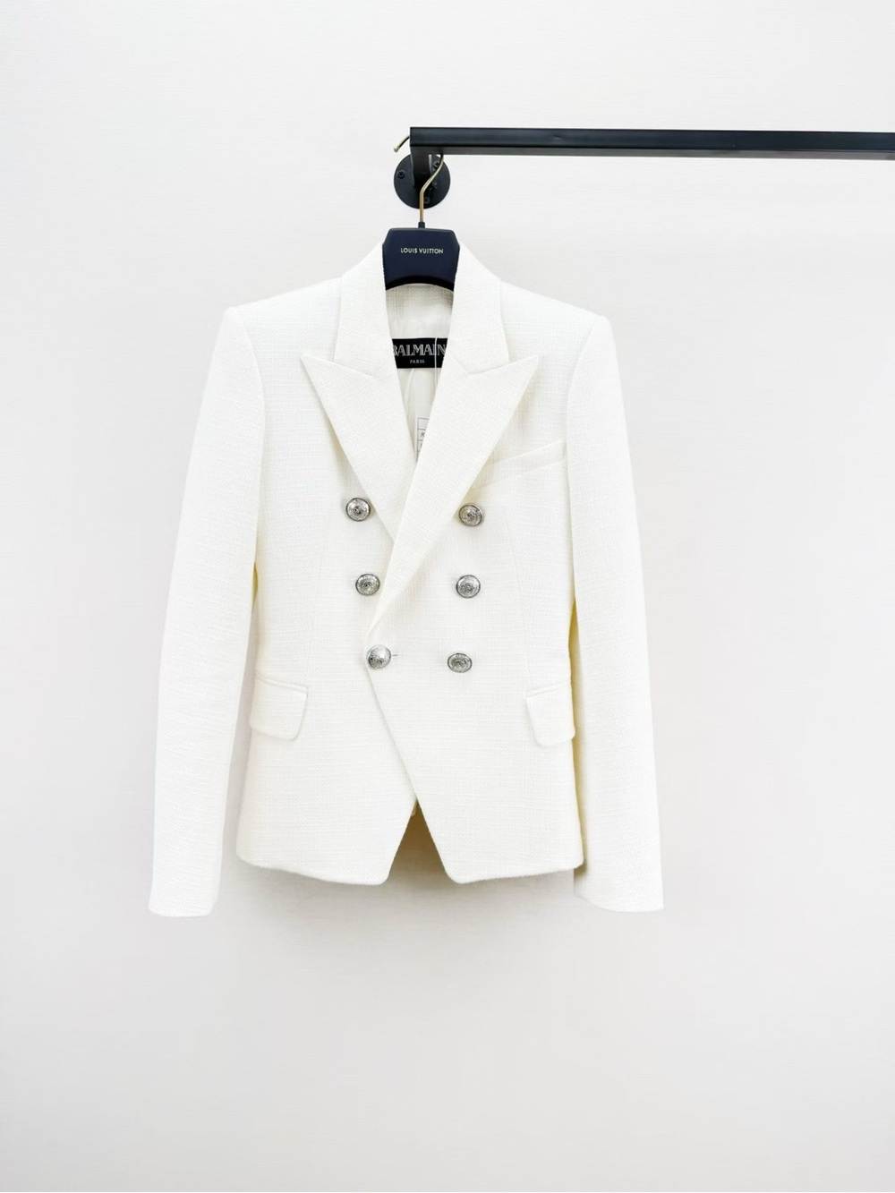 Balmain Double-Breasted White Textured Blazer with Metal Buttons